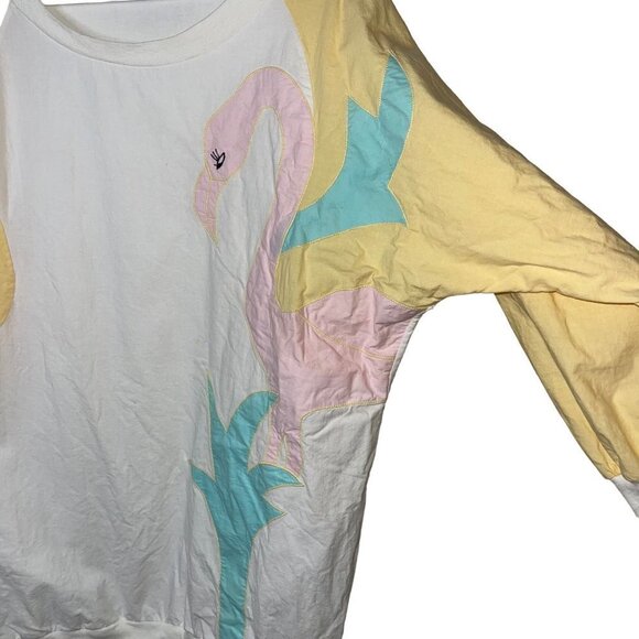 Coco Bay Miami Vintage Womens Top Size Large White Long Sleeve Flamingo Cotton - Picture 3 of 11